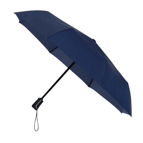 Custom printed Impliva Folding Umbrella in Navy propped up from Total Merchandise