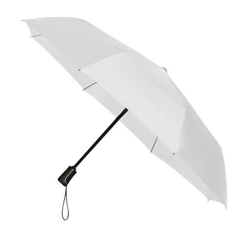 Customisable Impliva Folding Umbrella in White propped up from Total Merchandise