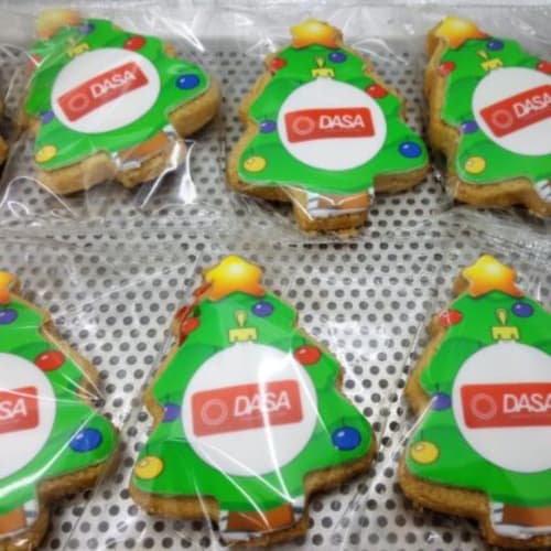 Logo branded Xmas Tree Biscuits to gift to customers, staff or family and friends as a present