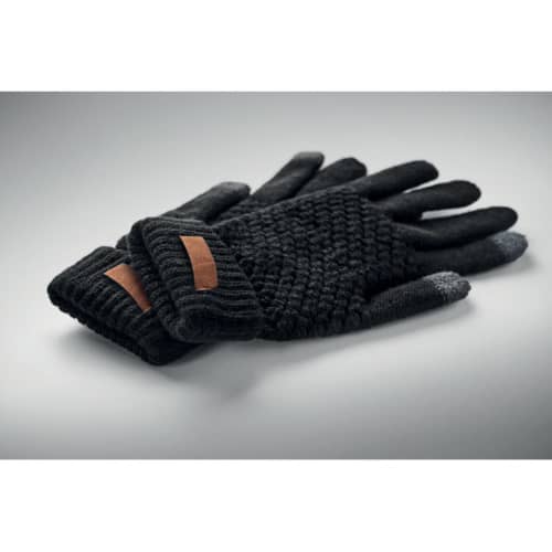 Custom printed rPET Tactile Gloves in Black with an example engraved logo printed on them