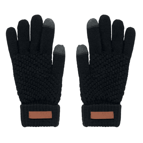 Logo branded rPET Tactile Gloves in Black with touchscreen grey tips are ideal for winter