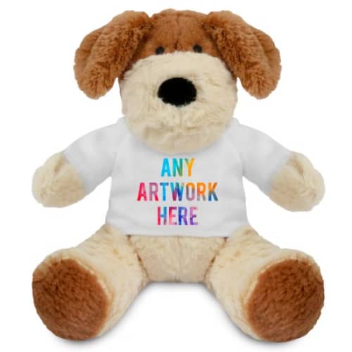 Branded 20cm Darcy Dog with full colour printed company logo on T-shirt by Total Merchandise