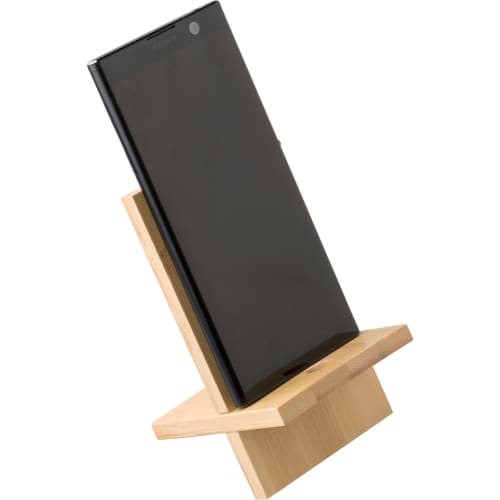 Custom Branded Bamboo Phone Stands Holding a Phone by Total Merchandise