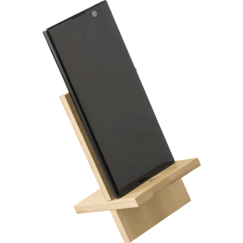 Custom Branded Bamboo Phone Stands Holding a Phone by Total Merchandise