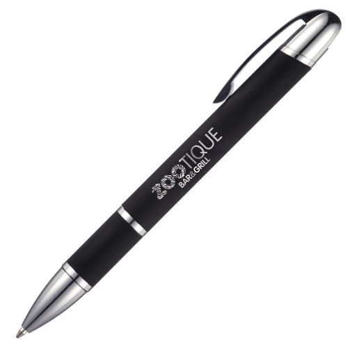 Promotional Stratos Matte Ballpen in Black with an example of a company logo printed onto the barrel