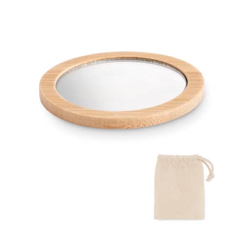 Custom branded Bamboo Compact Mirror in Natural that comes in a cotton drawcord pouch