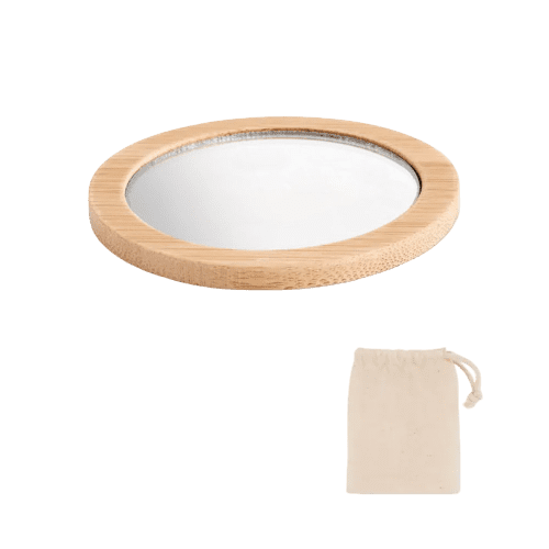 Custom branded Bamboo Compact Mirror in Natural that comes in a cotton drawcord pouch