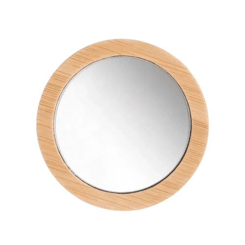 Custom branded Bamboo Compact Mirror in Natural that comes in a cotton drawcord pouch