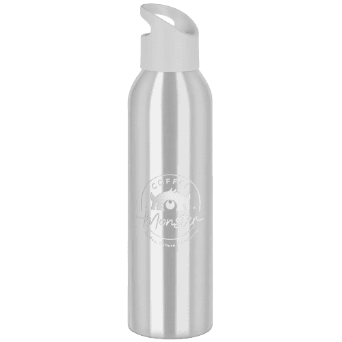 Custom Branded Jet Water Bottle in Silver showing an example logo that's been engraved to the bottle