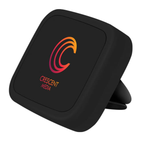 Promotional Universal Car Vent Mount in Black with an example logo printed on the front