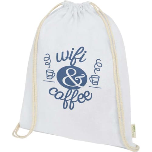 Promotional Organic Cotton Drawstring Backpacks in White Printed with a Logo by Total Merchandise