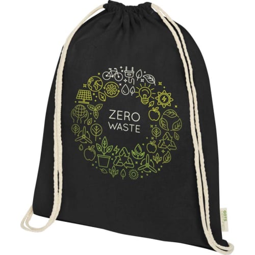 Custom Branded Organic Cotton Drawstring Backpacks in Black Printed with a Logo by Total Merchandise