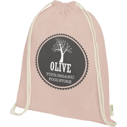 Printed Organic Cotton Drawstring Backpacks in Pale Blush Pink Printed by Total Merchandise