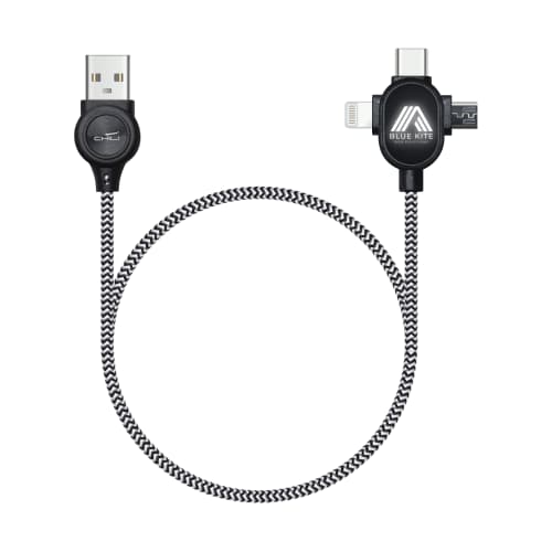 Promotional LipaNoi 3 in 1 Charging Cable in Black with an example logo printed on it