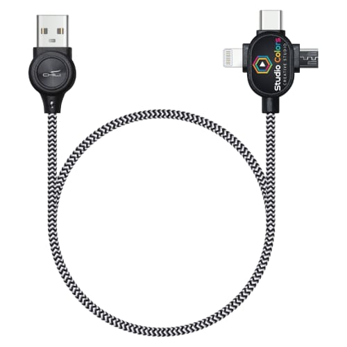 Custom branded LipaNoi 3 in 1 Charging Cable in Black with an example full colour logo printed on it