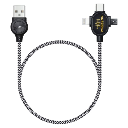 Custom printed LipaNoi 3 in 1 Charging Cable in Black with an example spot colour logo printed on it