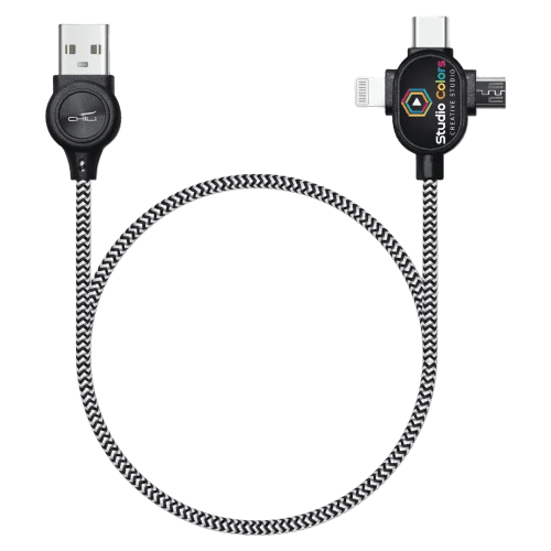 Custom branded LipaNoi 3 in 1 Charging Cable in Black with an example full colour logo printed on it