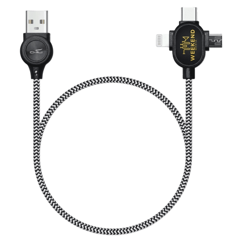 Custom printed LipaNoi 3 in 1 Charging Cable in Black with an example spot colour logo printed on it