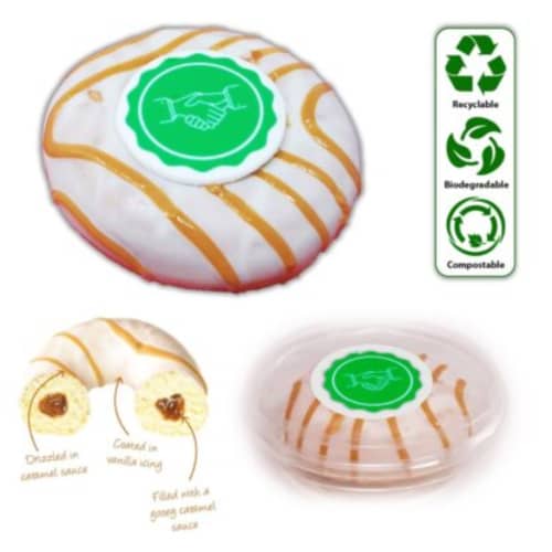 An image showing the Caramel Logo Doughnuts, their filling, and the container that they come in