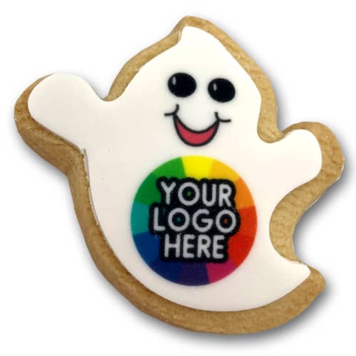 Promotional Halloween Ghost Shaped Shortbread Biscuits showing where your logo will be placed