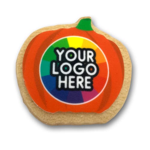 Custom branded Halloween Pumpkin Shaped Shortbread Biscuits showing where your logo will be placed