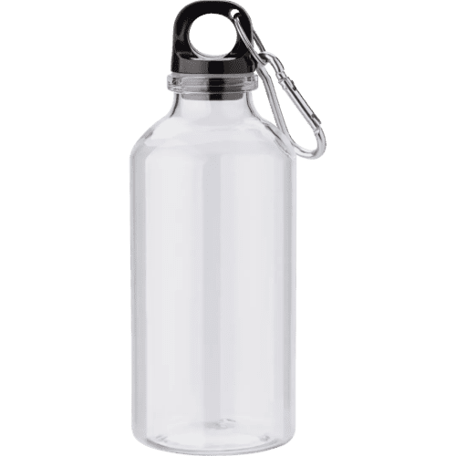 Custom branded Rpet Carabiner Drink Bottle in clear that come with a screw-on lid and carabiner clip