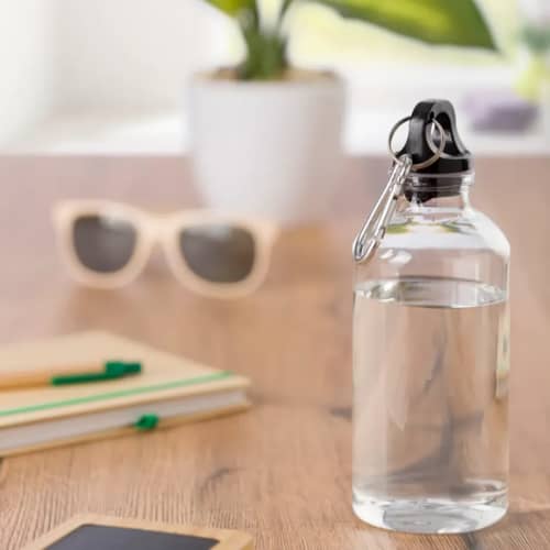 Promotional Rpet Carabiner Drink Bottle showing how clips onto bags, ideal for camping trips