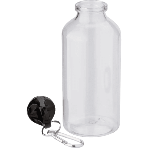 Custom printed Rpet Carabiner Drink Bottle in clear that come with a screw-on lid and carabiner clip