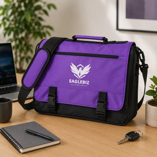 Lifestyle image of the Nelson Satchel Laptop Bag logo printed by Total Merchandise