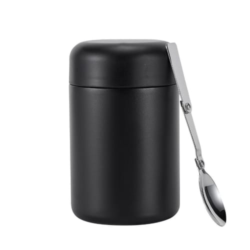 An image of the Duka Insulated Food Flask with the lid on with the spoon that comes with it