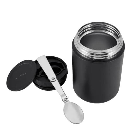 An image of the Duka Insulated Food Flask open with the spoon that comes with it