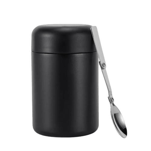 An image of the Duka Insulated Food Flask with the lid on with the spoon that comes with it