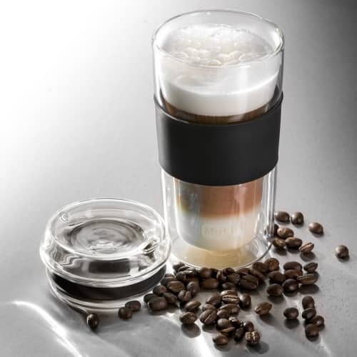 Promotional Milan Glass Cup with a Black grip filled with your favourite hot drink for on the go