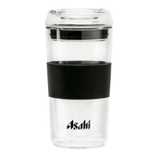 Custom branded Milan Glass Cup with a Black grip and example logo from Total Merchandise