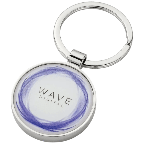 Custom Branded Round Alloy Injection Keyring with a fully printed design from Total Merchandise
