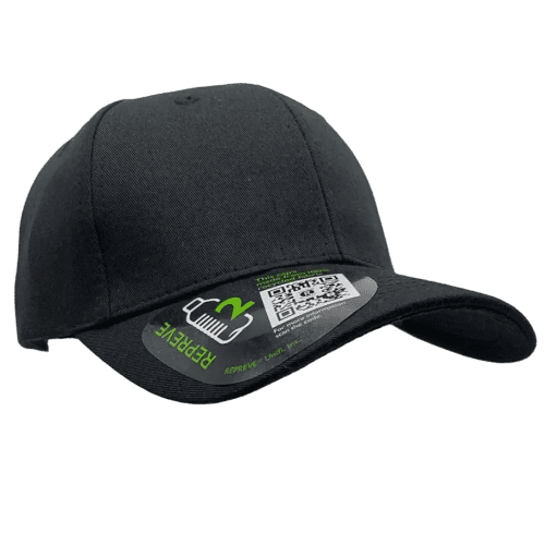 Personalisable 100% Recycled Repreve 6 panel Baseball Cap in Black from Total Merchandise