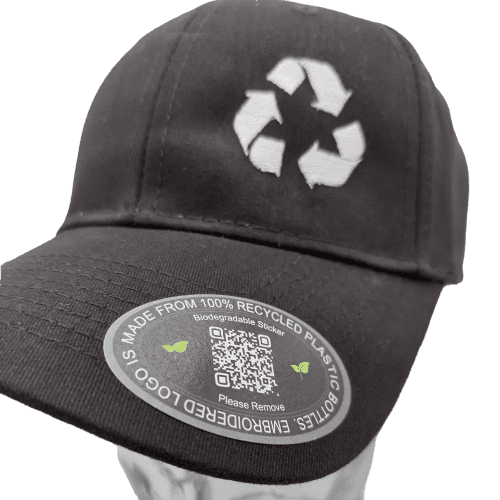Recycled Polyester Caps with eco-embroidered logo and featuring a sticker