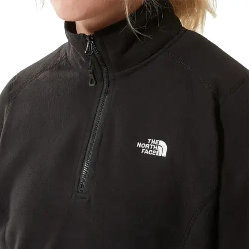 A zoomed-in image of The North Face Women's 100 Glacier 1/4 Fleece in Black from Total Merchandise