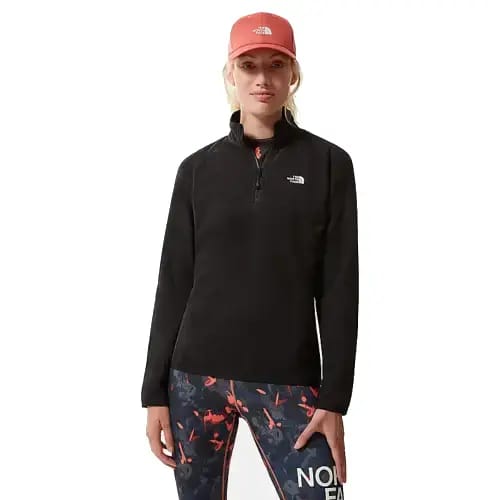 A lifestyle image of The North Face Women's 100 Glacier 1/4 Fleece in Black from Total Merchandise