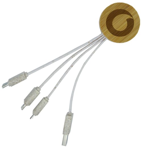 Promotional Round Bamboo Multi Cable with an engraved design from Total Merchandise