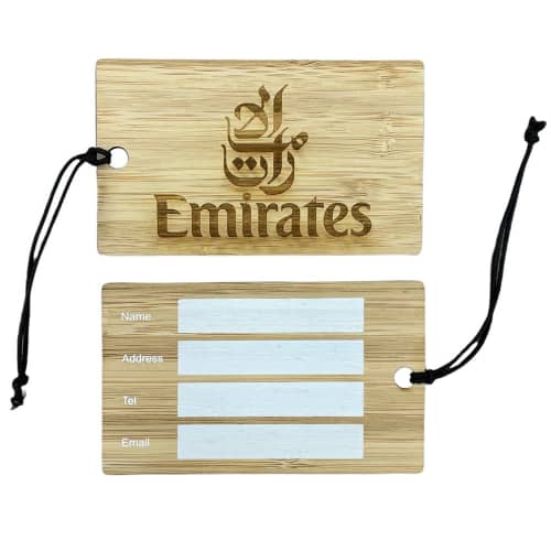 Promotional Bamboo Luggage Tag with an engraved design from Total Merchandise