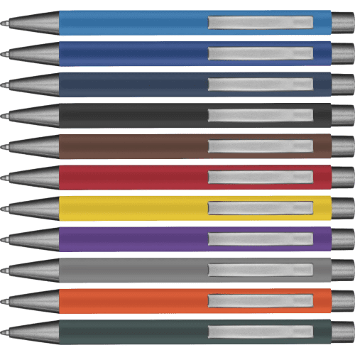 A group image of all of the Ergo Soft Feel Aluminium Ballpens together from Total Merchandise