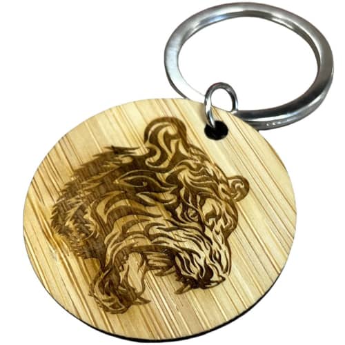 Custom branded Bamboo Keyring with a printed design from Total Merchandise