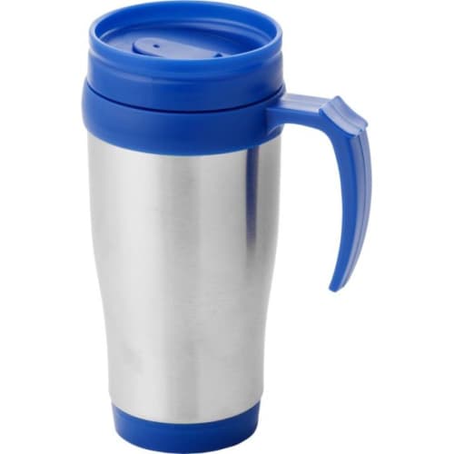 Custom branded 400ml Insulated Travel Mug with a design from Total Merchandise - Blue/silver