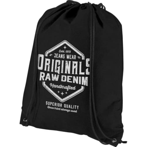 Branded Non-Woven Drawstring 5L Backpack in Solid Black printed with a company logo