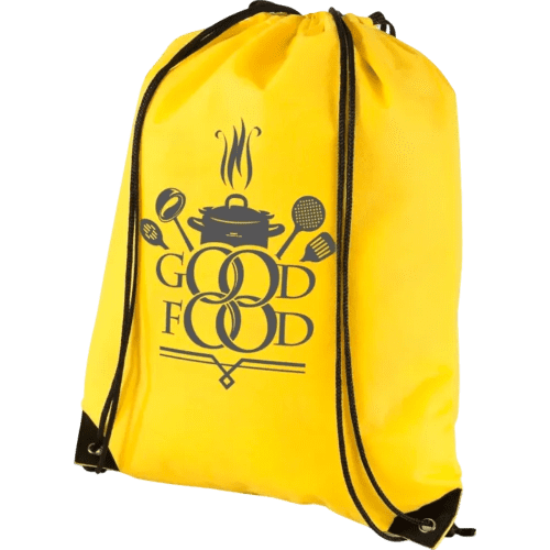 Custom-branded Non-Woven Drawstring 5L Backpack in Yellow printed with a company logo
