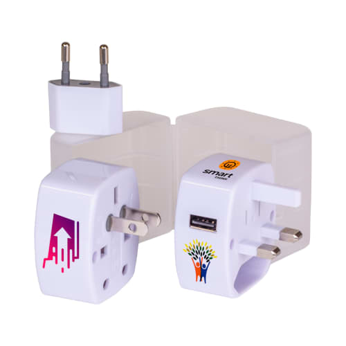 Promotional 5-in-1 Travel Plug in White printed with a company logo from Total Merchandise