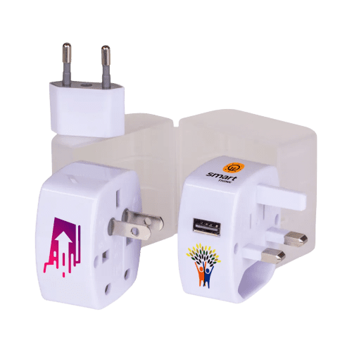 Promotional 5-in-1 Travel Plug in White printed with a company logo from Total Merchandise