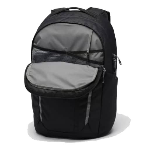 An image of the Columbia Atlas 26L Backpack with the front compartment open from Total Merchandise