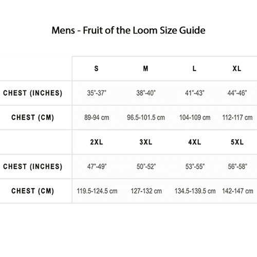 Size Guide for Branded Fruit of the Loom Polo Shirts from Total Merchandise